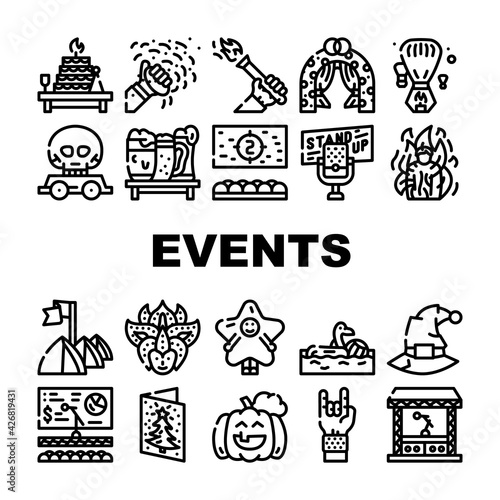 Events And Festival Collection Icons Set Vector. Rock And Oktober Fest, Standup And Pool Party, Fantasy Costume And Facial Mask Events Black Contour Illustrations