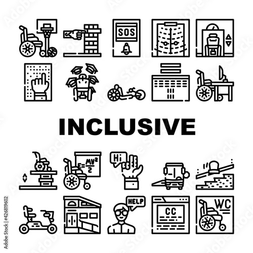 Inclusive Life Tool Collection Icons Set Vector. Graduation And Working Place, SportLife And Communication, Bus And Velomobile Inclusive Life Black Contour Illustrations