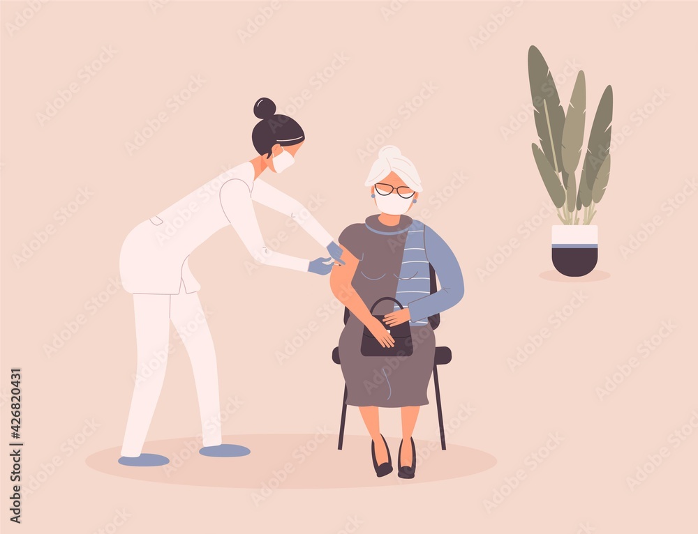 Fototapeta premium Coronavirus vaccination of patient by doctor.Older woman in protective medical mask get virus grafting. Therapist hold syringe with dose of medicine.Nurse vaccinate pensioner.Vector