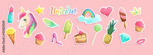 Cute unicorn stickers in flat style. Hand lettering text. Cartoon vector illustration.	