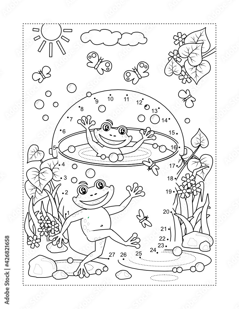 Frogs in a bucket connect the dots full-page picture puzzle and coloring page
