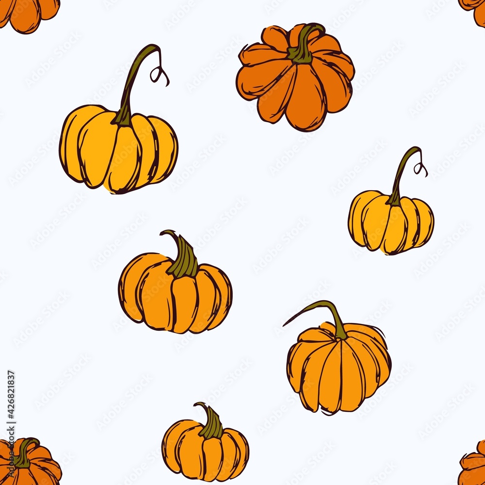 Seamless vector print with cute pumpkins for fabric, wrapping paper or wallpaper. Vegetable autumn background.