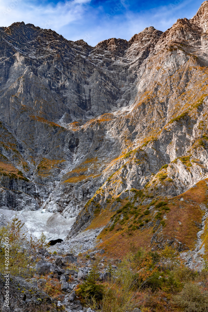 The Ice Chapel, a permanent snow field at the foot of the famous east face of the Watzmann in Berchtesgadener Land, Bavaria, Germany. The Ice Chapel, a permanent snow field at the foot of the famous east face of the Watzmann in Berchtesgadener Land, Bavaria, Germany.