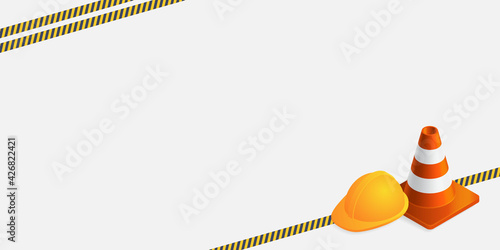 Vector background with orange plastic traffic cones, construction helmet, safety tape and copyspace. Under construction template on light gray background. Vector illustration.