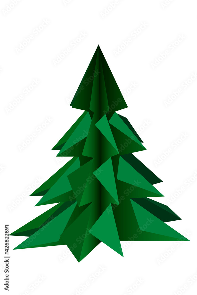 Obraz premium The green christmas tree is insulated on a white background. In the style of 3D origami