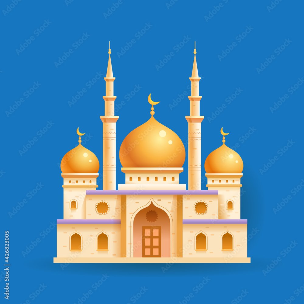 Islamic mosque. Holiday of Ramadan, Islam. Building in Islam. Vector flat illustration on blue background.
