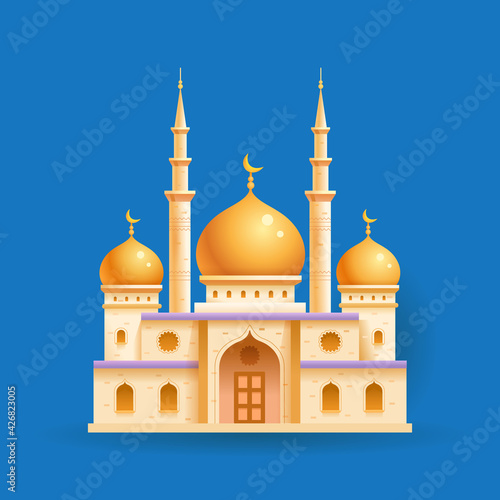 Islamic mosque. Holiday of Ramadan, Islam. Building in Islam. Vector flat illustration on blue background.