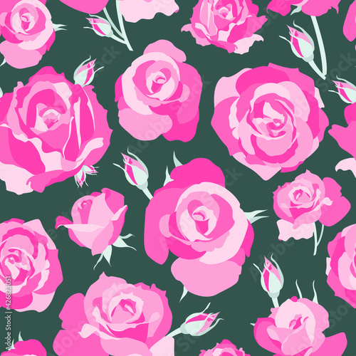 Seamless pattern with vector blooms on dark grey background for textile  scrapbook  home decor  fabric. Pink rose