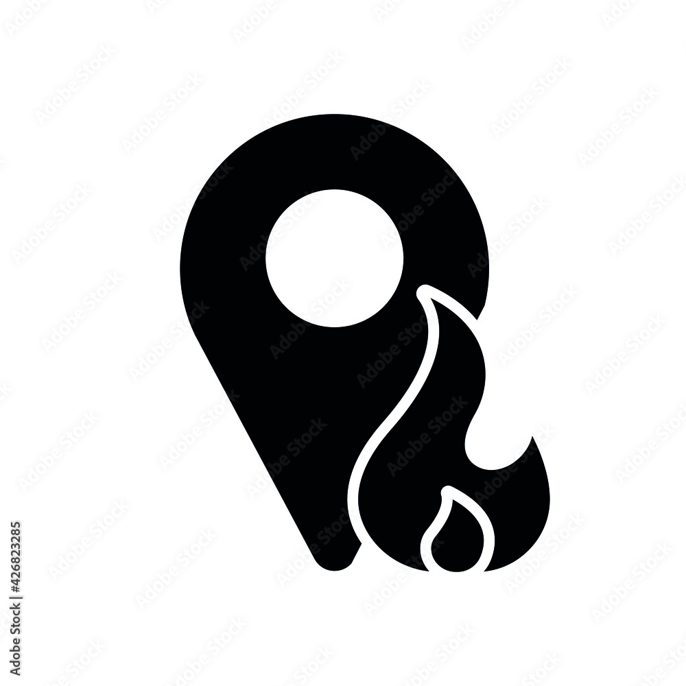 Geolocation of fire glyph icon. Firefighters. Rescue service. Thin line customizable illustration. Contour symbol. Vector isolated outline drawing.