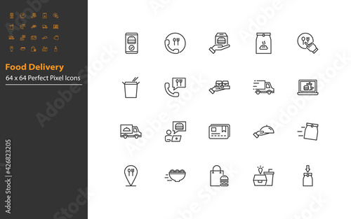set of food delivery thin line icons, reataurant