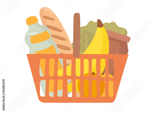 Shopping hand drawn basket flat vector illustrations. Grocery purchase,  package  with products.  Water bottle, bread, fruits, vegetables, banana, salad. Natural food, organic fruits and vegetable.