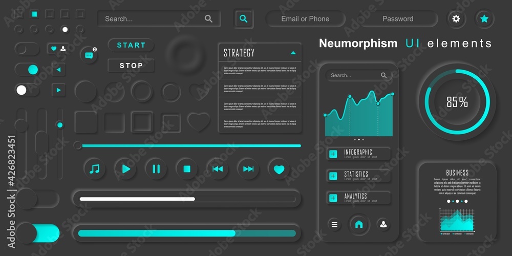 User interface elements for mobile app. Neumorphism User interface design kit. Neumorphism UI UX icons set.