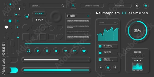 User interface elements for mobile app. Neumorphism User interface design kit. Neumorphism UI UX icons set.