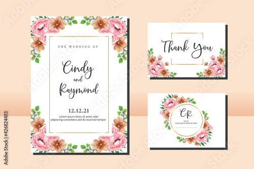 Floral Frame Wedding invitation Card set, floral watercolor hand drawn Peony Flower design Invitation Card Template