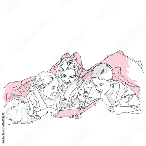 Vector illustration of a family reading a book under the blanket