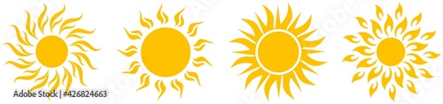 Sonne oder Sonnenschein Symbol Kollektion als Vektor auf einem weißen isolierten Hintergrund. Gezackte und gerundete Strahlen.