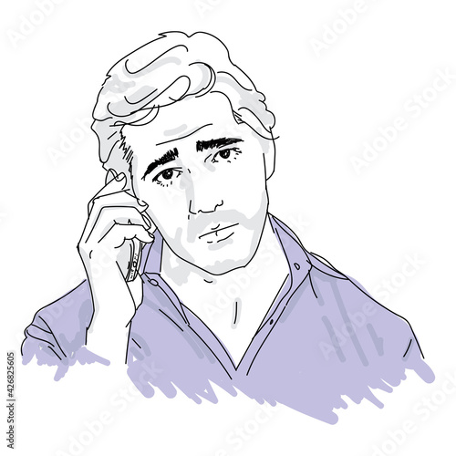 Vector illustration of a young man talking on the phone with a worried face