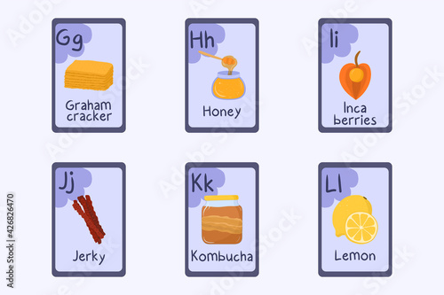 Colorful alphabet flashcard Letter G, H, I, J, K, L - graham cracker, honey, inca berries, jerky, kombucha, lemon.