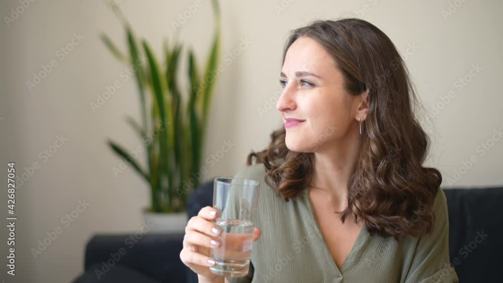 Beautiful young woman drinking pure fresh water from glass for refreshment body sitting on the couch at home, thirsty female restores water balance, take care of health. Hydration concept Beautiful young woman drinking pure fresh water from glass for refreshment body sitting on the couch at home, thirsty female restores water balance, take care of health. Hydration concept