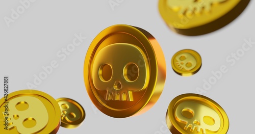 3D rendering illustration of many Golden coins with skull symbol, tokens, concept art, on black color background