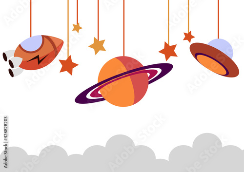 outer space background with uvo, saturn planet, rocket and scattered stars