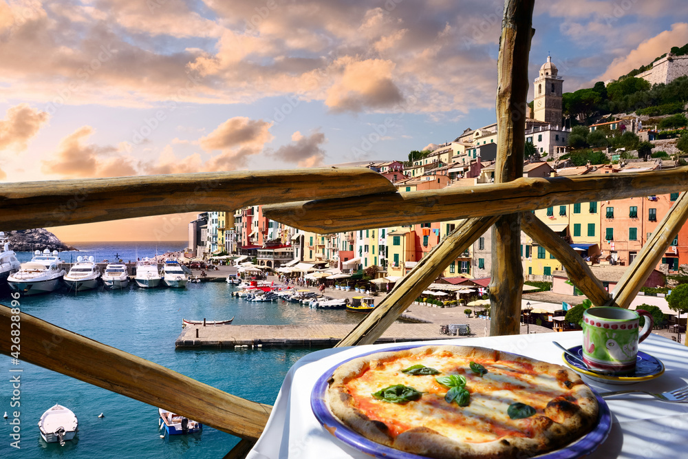 Pizza place terrace overlooking to beautiful Porto Venere harbor