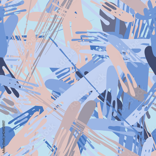 Seamless pattern. Abstract texture. Multi-colored dynamic multidirectional blots. Blue and beige shades.