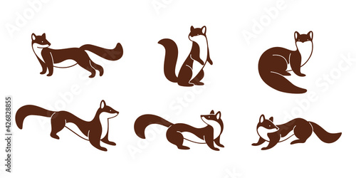 Cartoon marten. Cute animal character in different poses. Flat vector illustration for prints, clothing, packaging, stickers.