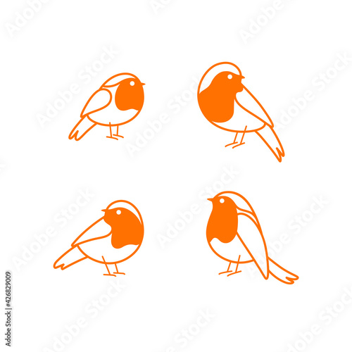 Cartoon bird icon set. Different poses of robin bird. Vector illustration for prints, clothing, packaging, stickers.