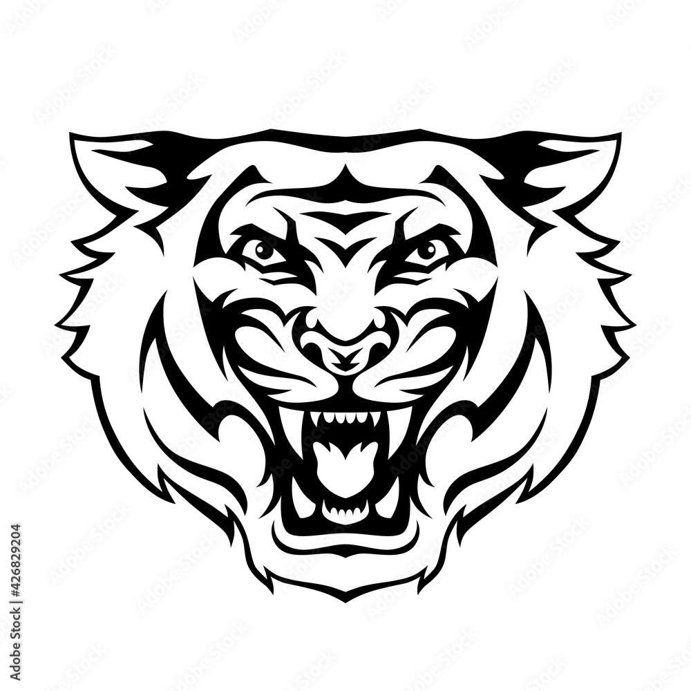 Fototapeta premium Angry tiger roaring head face. Vector illustration for tattoo, print, poster, sticker, logo, tattoo, emblem. Black and white.