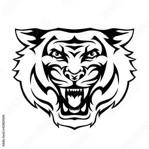 Fototapeta Naklejka Na Ścianę i Meble -  Angry tiger roaring head face. Vector illustration for tattoo, print, poster, sticker, logo, tattoo, emblem. Black and white.