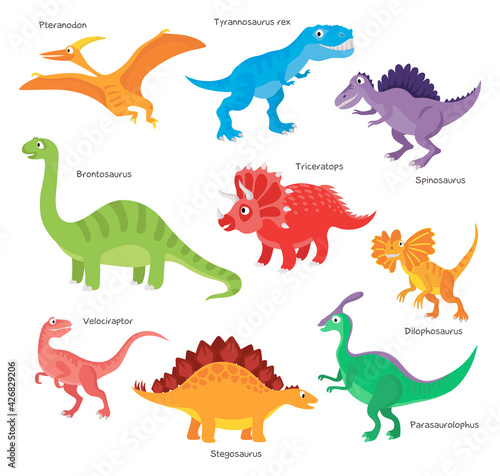 Set of vector cartoon dinosaurs isolated on white. Spinosaurus, Pteranodon, Dilophosaurus, T-Rex, Parasaurolophus, Stegosaurus, Velociraptor, Triceratops, Brontosaurus.