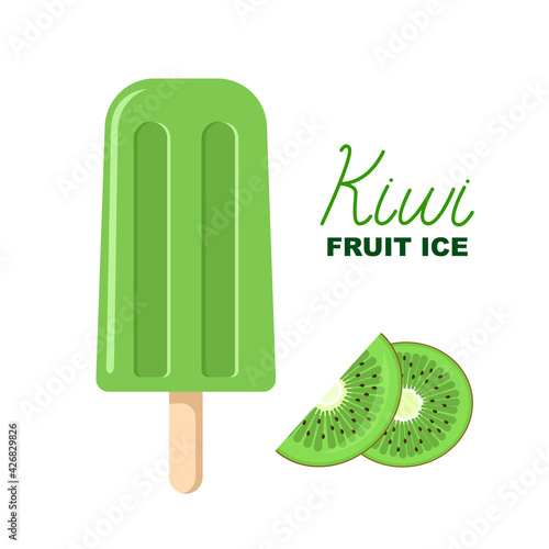 Green fruit ice with kiwi, lettering and drawing next to popsicle