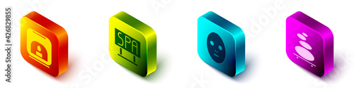 Set Isometric Aroma lamp, Spa salon signboard, Facial cosmetic mask and Stack hot stones icon. Vector