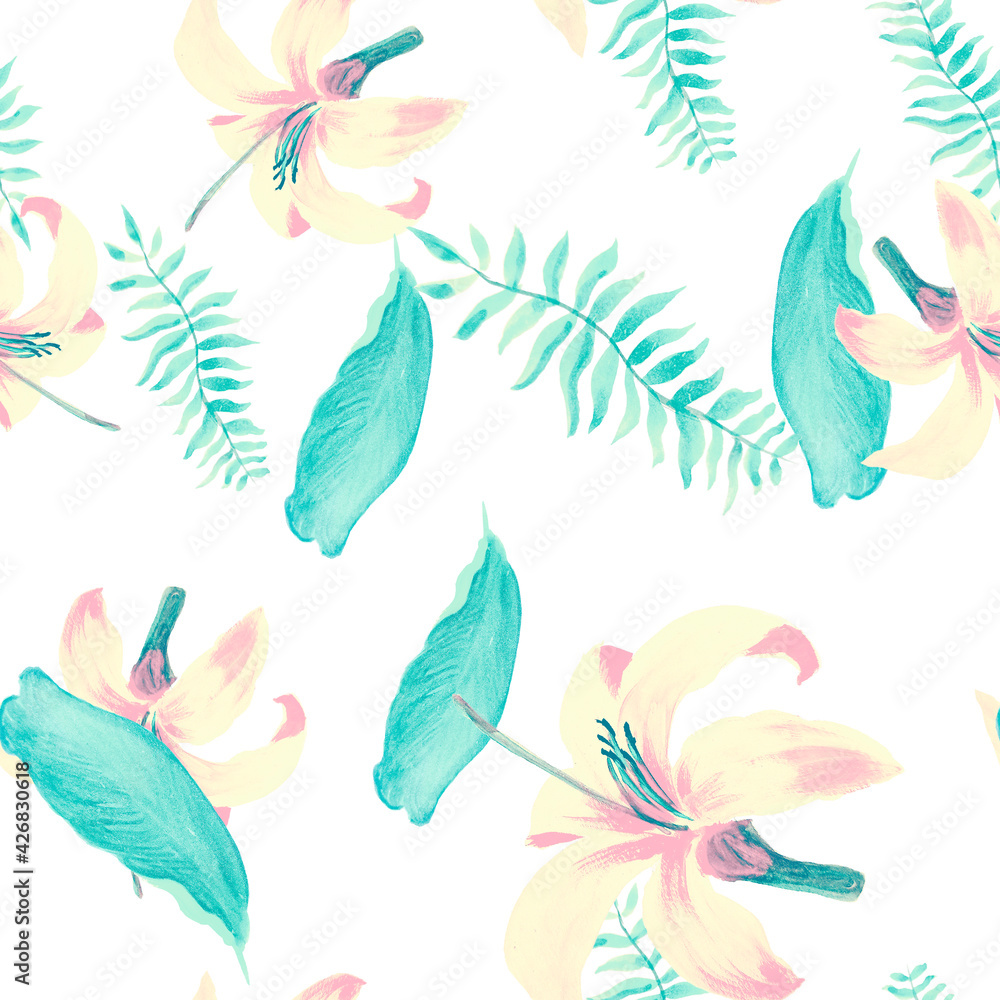 Navy Pattern Textile. Blue Tropical Art. White Seamless Botanical. Azure Decoration Vintage. Indigo Spring Nature. Yellow Flower Leaf. Wallpaper Hibiscus.