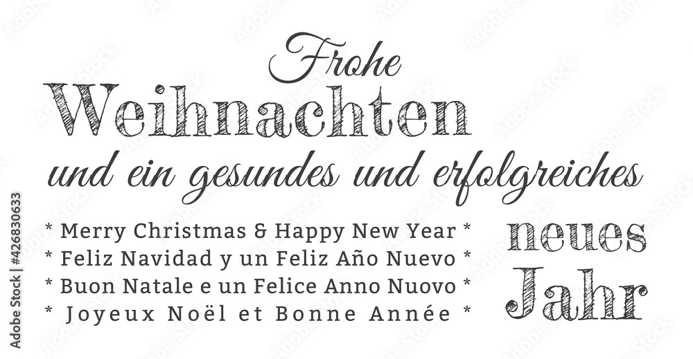 Frohe Weihnachten Schriftzug Kalligraphie, internationale Weihnachtsgrüße, Textwolke, Wortwolke