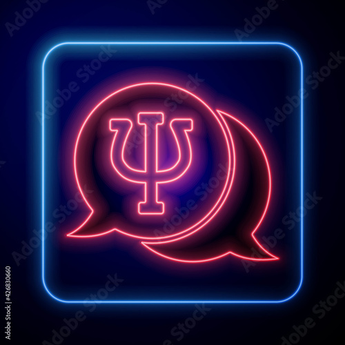 Glowing neon Psychology icon isolated on blue background. Psi symbol. Mental health concept, psychoanalysis analysis and psychotherapy. Vector