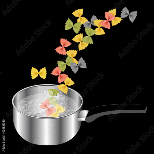 Affiche ou autocollant pour un fond de hotte avec une illustration graphique sur la cuisson des pâtes papillons colorées.