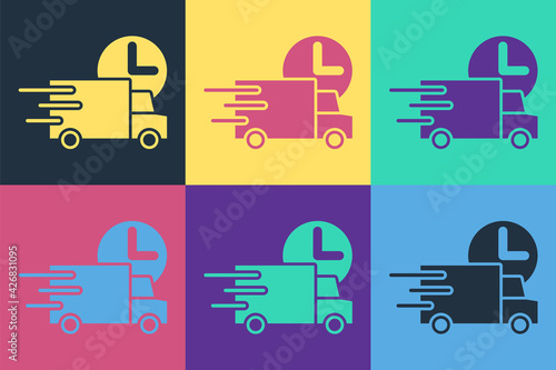 Pop art Fast round the clock delivery by car icon isolated on color background. Vector