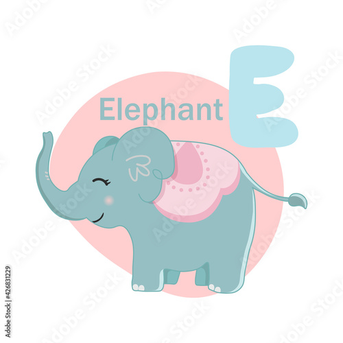 Animals alphabet. Cute elephant isolated on white background. Vector illustration for teaching children learning a foreign language.