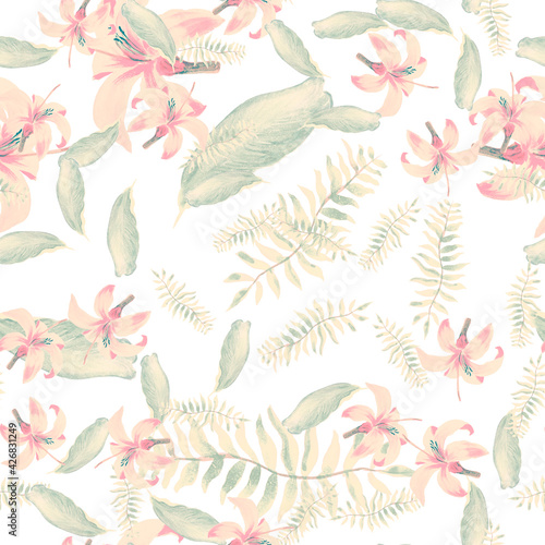 Coral Tropical Vintage. Gray Seamless Texture. Pink Pattern Vintage. Yellow Floral Exotic. Flower Botanical. Decoration Illustration. Drawing Design. Spring Leaves.