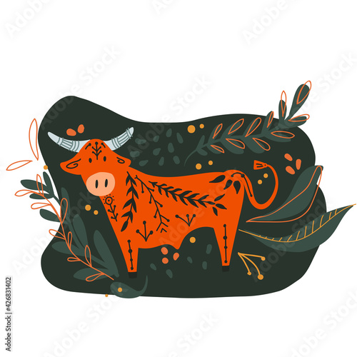 Folk illustration of a bull with foliage and stems. Horned buffalo side view with tribal pattern. Vector flat drawing of livestock. Stylized cute ox with natural element