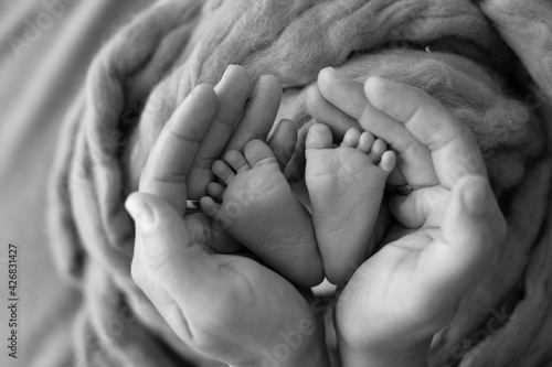 baby feet in the hands of the mother. parents ' wedding rings on the toes of a newborn