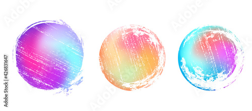 Set of round grunge template with gradient neon foil backgrounds with scratches and attrition. Vector round badges for banners, stickers.
