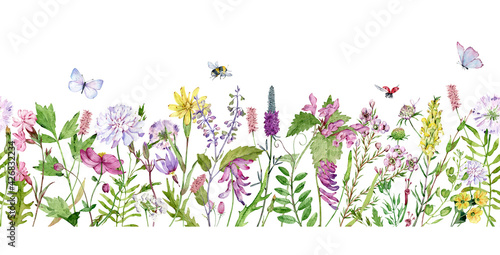 Watercolor seamless border with wildflowers, bumble bees, butterflies and lady bugs. Filed flowers header. photo