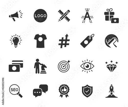 Vector set of brand flat icons. Contains icons corporate identity, logo, name, mission, vision, advertising, values, strategy, rebranding and more. Pixel perfect.