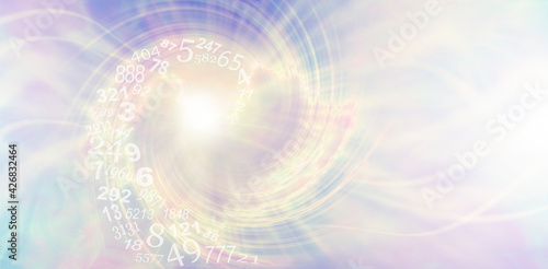 Spiraling numerology message banner - pale lilac and lemon metaphysical spiral pattern with a spiraling flow of random numbers entering the vortex and copy space on right hand side
 photo