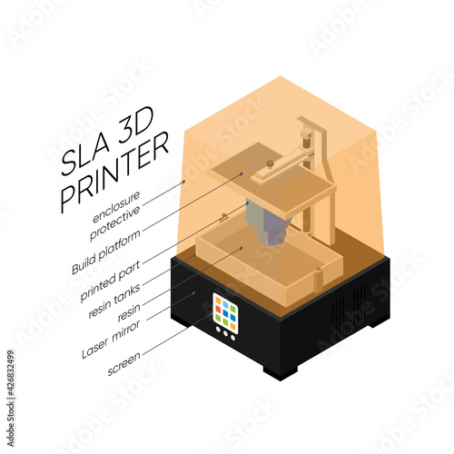 Stereolithography or SLA 3D printer in isometric graphic