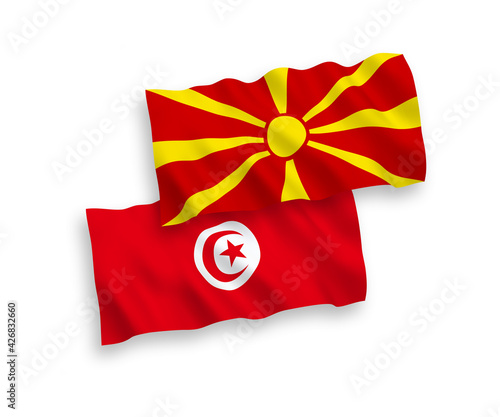 Flags of Republic of Tunisia and North Macedonia on a white background