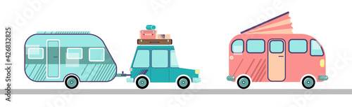 Vacation cars. Vector illustration. Car with luggage, trailer and motorhome.